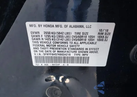 2019 Honda Pilot Ex-L z USA, uszkodzony, nr VIN 5FNYF6H57KB034218